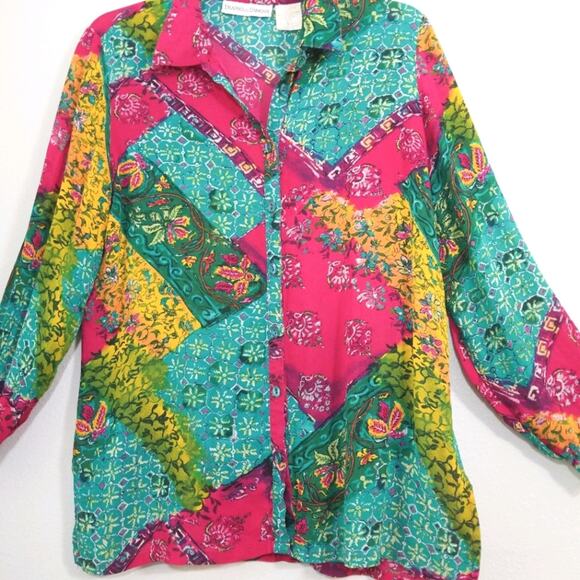Vibrant patchwork floral rayon button front shirt - Picture 5 of 9